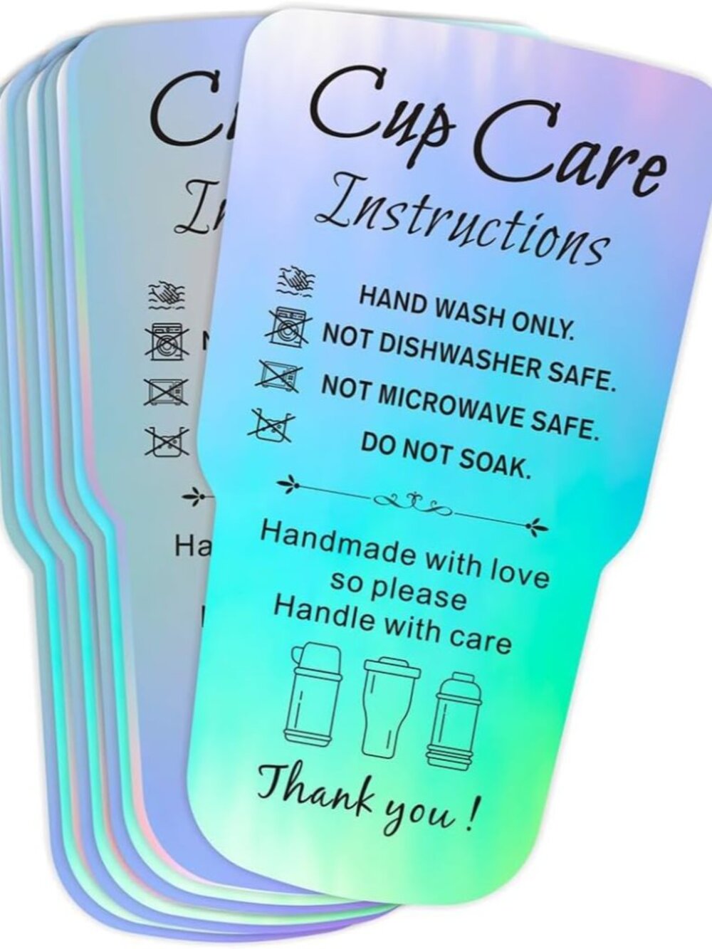 240 PCS Tumbler Care Instructions Holographic Cards Packaging Customer Direction